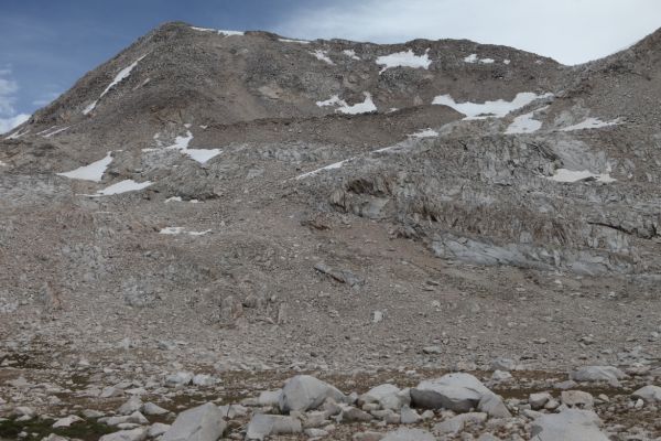 Mt. Solomons, from Evolution Basin.  We climbed the left skyline from Muir Pass, and descended the right skyline to the saddle, and descended into Evolution Basin.
