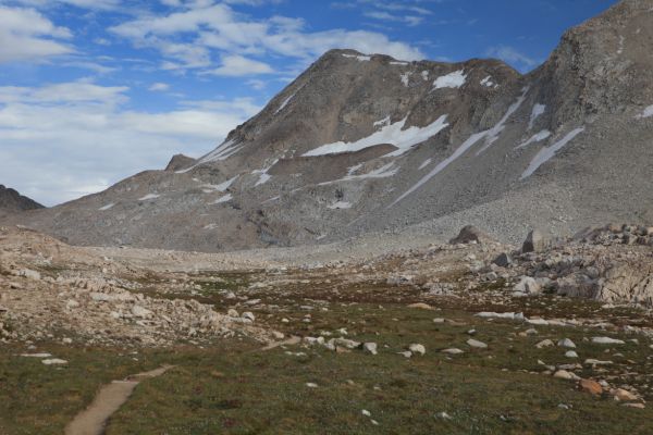 Looking southeast from just southeast of Wanda Lake.  Mt. Solomons above rises abover Muir Pass.
