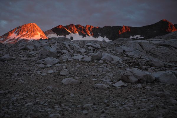 I scramble up the bench above of our camp and get a view of the Goddard Divide to the south bathed in alpenglow.
