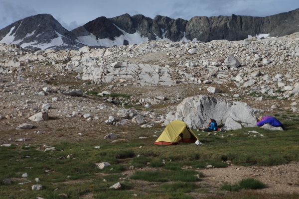 The view south from camp in morning light.  Snow covered Goddard Divide looks very different than it did when I ran to see it in alpenglow the evening before.
