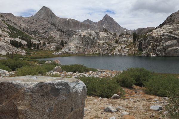 Looking southeast over Evolution Lake, from left to right, Mt. Spencer and Mt. Huxley.
