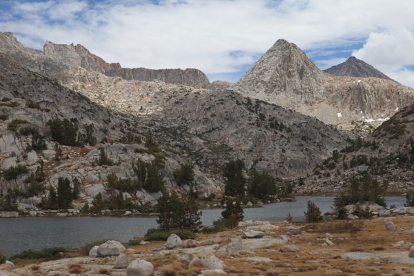 The Hermit and Emerald Peak, behind, over Evolution Lake.  These peaks rise south of Evolution Valley.
