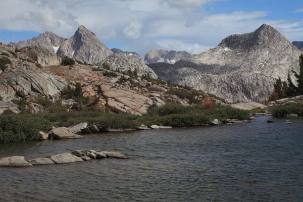 Mt. Darwin, Mt. Mendel, Mt. Fiske (with snowfield), and Mt. Spencer on far right from the Darwin Bench.
