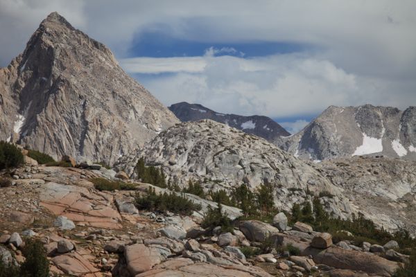 Mt. Mendel (left), Mt. Wallace on the Sierra Crest, and Mt. Fiske (right) from the entrance to Darwin Canyon.
