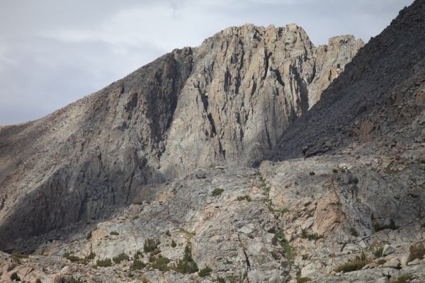 Mt. Goethe and Peak 12722 (in shadow on right) northwest from the entrance to Darwin Canyon.
