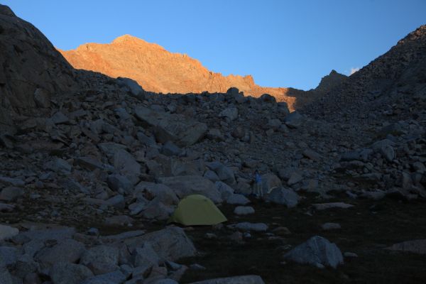 Mt. Lamarck in alpenglow above our campsite on the east side of the highest lake in Darwin Canyon.  We reached this last place to camp just before 8 pm.
