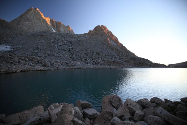 Looking west from our campsite on the east side of the highest lake in Darwin Canyon.  Mt. Mendel in alpenglow on the left.
