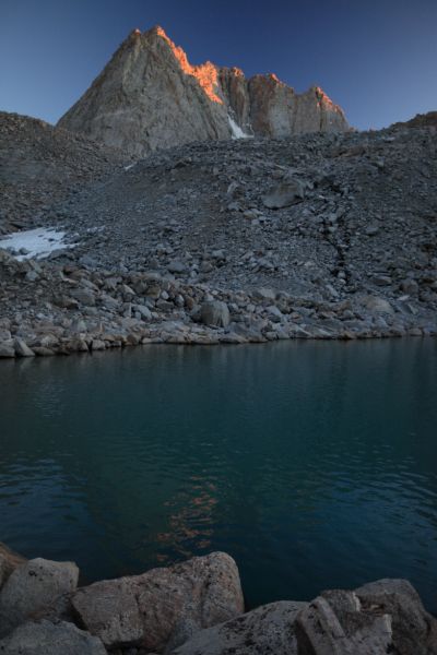 Mt. Mendel in alpenglow above our campsite on the east side of the highest lake in Darwin Canyon.
