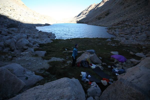 The view west across the lake toward Evolution Valley.  The plan is to get an early start on our climb over Lamarck Col while it is still cool.
