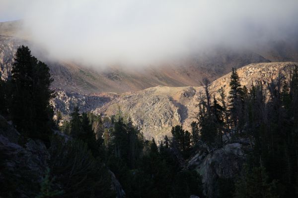 Clouds settling in on high ridge north of Echo Lake.
