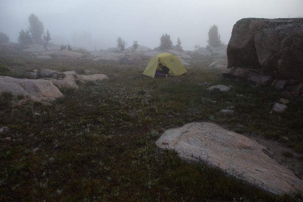 We awoke to a fog enshrouded Echo Lake.
