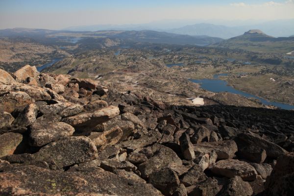 Island Lake, our starting point, in the smokey distance (upper left) from Lonesome Mountain's south summit.
