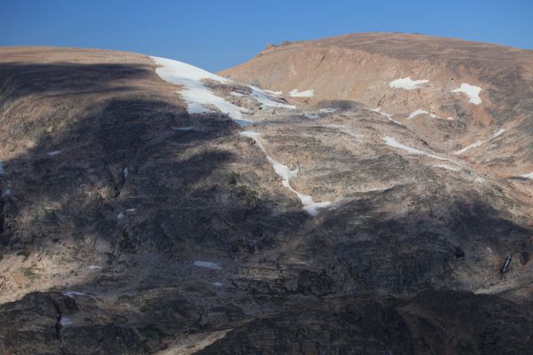 A perennial snow field on the ridge northeast of Lonesome Mountain.
