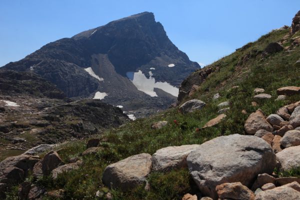 The northeast ridge of Lonesome Mountain looks more difficult than the south ridge.  Someone we met said his Montana Climber's guide described the easiest route in two words: east side.
