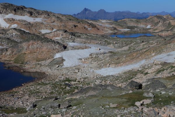 As we ascend to the divide, Pilot Peak comes into view to the west.  The shoreline of Maryott Lake west of Donelson (right foreground) looks like it will pose some navigation problems.
