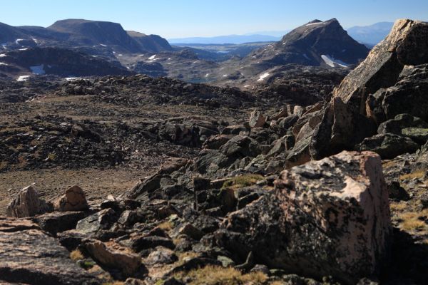 Another wider view all the way back (southeast) to Island Lake, our starting point 2 days ago.  Lonesome Mountain is on the right.
