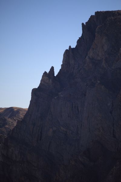 Beartooth Mountain; The Bearstooth juts skyward behind (east) Beartooth Mountain, about halfway down the left skyline.

