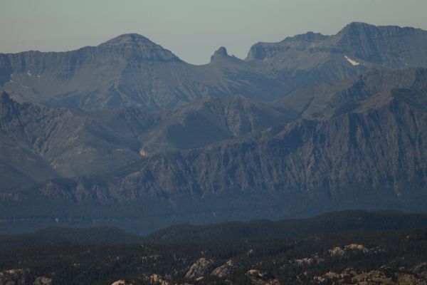 A telephoto view (280 mm) southwest to ridge above and across Route 212, the Beartooh Pass Highway east of Cooke City, MT.
