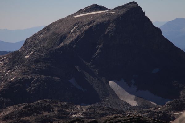 A telephoto view (280 mm) of Lonesome Mountain and twin summits.
