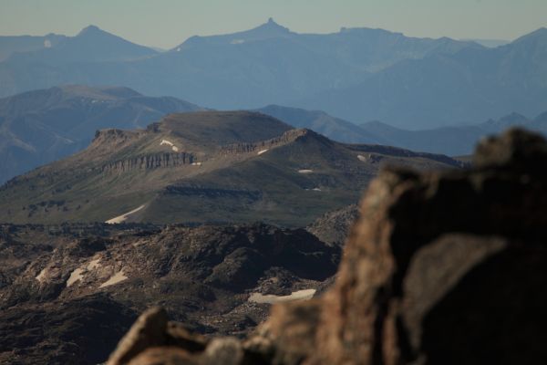 Pilot Peak on the horizon in distance (center) stands abover Beartooth Butte in foreground.
