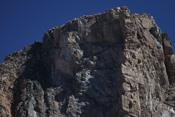 A telephoto view (280 mm) of summit, Sky Pilot Mountain.
