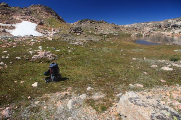 The other side of this saddle at west end of Maryott Lake basin drops very abruptly to Crystal Lake.  The preferred route goes south from here.
