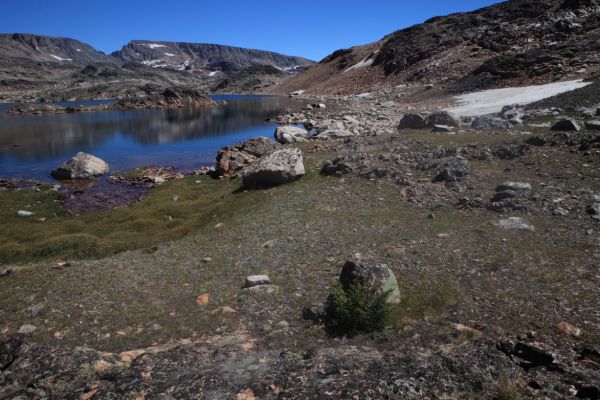 The south side of Maryott Lake was easily traversed, despite a lingering snowbank.
