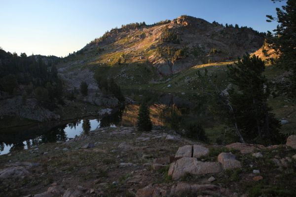 Morning light on the hillside south of our camp at Kidney Lake.
