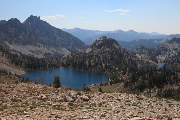 Looking east, southeast from the saddle between the lake basin west of Snowyside Peak and lakes 9167' (lower right) and 9050' above Alpine Creek.
