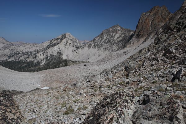 This wider view looking north, northwest from the saddle, back toward he lake basin west of Snowyside Peak shows more of the ridge north of Snowyside Peak on the right of the photo.
