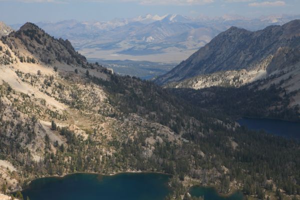 The Stanley Valley, and the familiar White Clouds are seen in this telephoto shot from the notch leading to Twin Lakes and the Pettit drainage.  Alice Lake is on the right.
