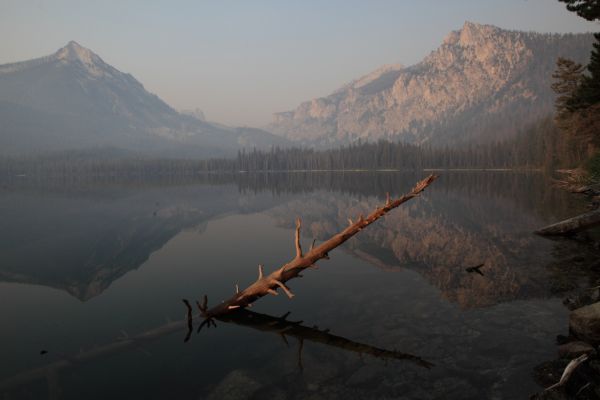 Morning; smoke lingers at Pettit Lake.
