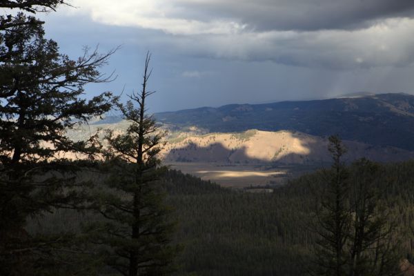 Looking across the Stanley Valley to the east, rain was falling in the White Clouds.
