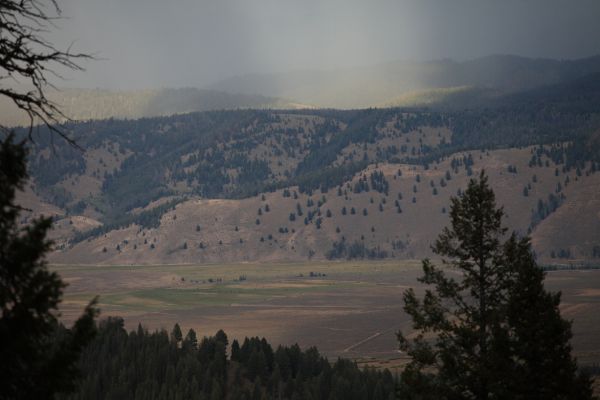 The sun was trying to break through the cloud cover, casting encouraging displays of light on the green hillsides above Stanley Valley.
