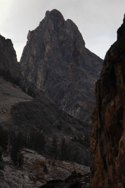 From the top of the couloir above Goat Lake, Thompson Peak is still under threatening skies; worrisome this early in the morning.
