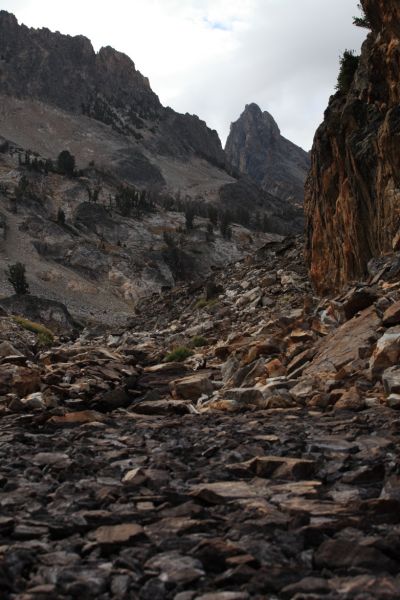 Beyond the snow at top of the couloir above Goat Lake.  No sign of the party of four we saw ahead of us along the Goat Lake shoreline, presumably climbing Thompson Peak, who arrived in the dark and rain while we were in our tent.
