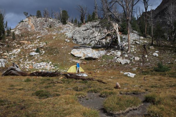 We set up camp, but have trouble deciding whether or not to attempt the peak today.  The weather is improving, but it is getting late, having taken longer than we thought to get to this point.  Ideally, we should be coming down from the summit of Thompson.  The weather is still threatening.
