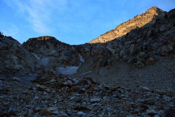 Climbing south toward the Thompson/Williams Saddle at the head of the hanging valley in which we are camped.
