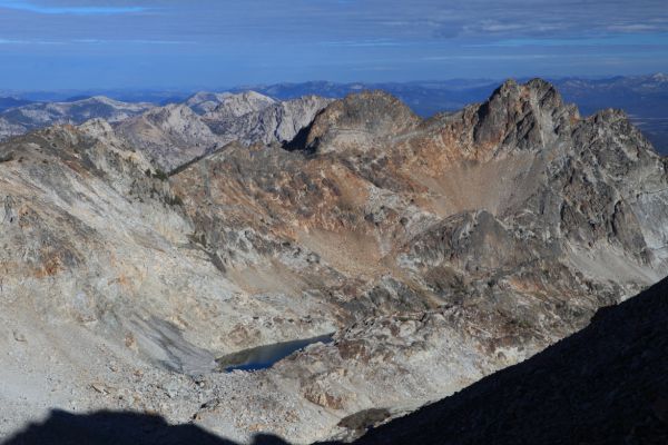 Looking northwest from the Thompson/Mickeys Spire Saddle, a tarn on the west side of the basin.
