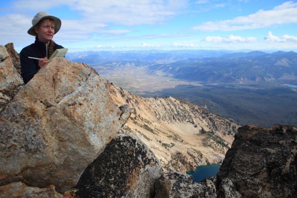 To the east, northeast far below is the "unnamed lake" at roughly 9000' where we stood 4 years earlier on our 2nd hike together, contemplating what the summit, thinking we might have tried for it had we started an hour earlier.  On Labor Day 3 years ago, we descended the Williams/Thompson saddle to that same lake after running short on daylight, and abandoning a summit attempt (see gallery).
