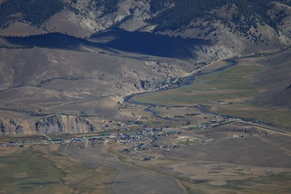 The town of Stanley on the Salmon River from the summit of Thompson Peak.  Lower Stanley (downstream) sappears above Stanley in the photo.
