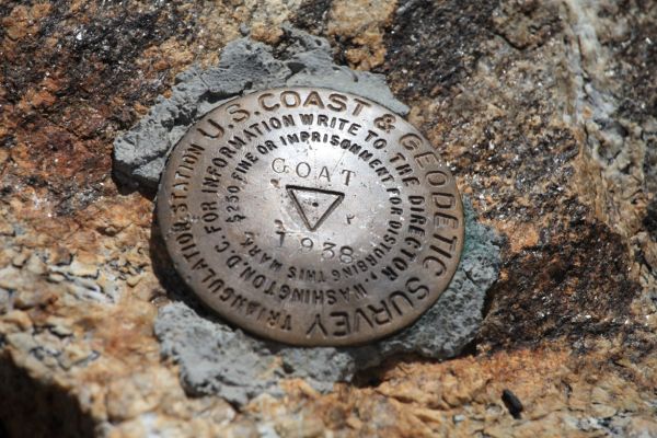 National Geodetic Survey Benchmark, 'Goat 1938', a bronze disk embedded in the outcropping bedrock on the summit block.  A "Documented History (by NGS)" states this mark is "about 5' lower than, and 50' south of the highest point of the mountain".  In "Idaho, a Climbing Guide", Lopez describes a couloir rising "up to the notch between the peak's east and west summits...scramble to the west over solid rock to the summit."  We did not climb to the northeast summit, which, according to the NGS, is the higher.
