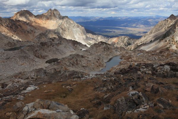 The basin west of the Thompson/Williams Saddle.  We are heading for the middle drainage, which drops steeply into the lake basin south of Goat Lake.
