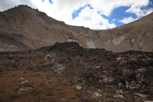 The west wall of the upper lake basin below the Thompson/Mickeys Spire Saddle.
