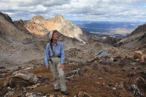 The professor looks back toward the summit of Thompson Peak from the upper lake basin south southeast of the Thompson/Mickeys Spire Saddle.
