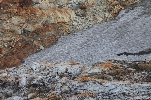 Dirt outlines the rims of the suncups on this perennial snowfield above the deep lake just west of the Thompson/Williams Saddle.
