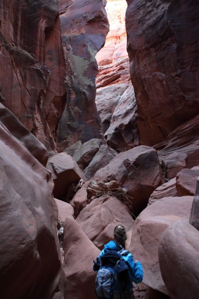 Two hours and 3 miles below the Middle Trail Exit we come upon the infamous rock jamb.  It is not obvious which way to go.  Footprints everywhere indicate people explore numerous routes over what is touted to be the most difficult obstacle in the slot canyon.
