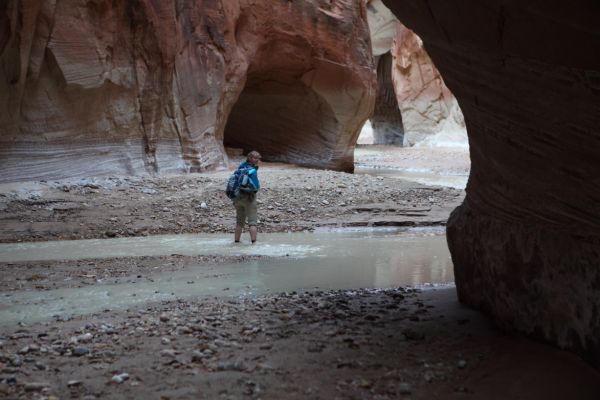 One mile from the confluence, Slide Arch comes into view around the corner.  It is now 7 pm, with 6.5 miles to go.  We will be finishing the route in the dark.
