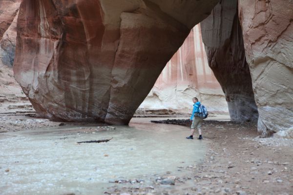 One mile from the confluence, Slide Arch comes into view around the corner.  It is now 7 pm, with 6.5 miles to go.  We will be finishing the route in the dark.
