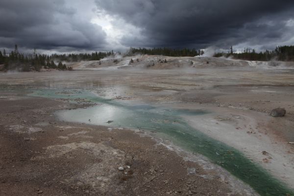 7:30 pm; the sun is setting, the wind is blowing, and it is too cold for shorts!  East Fork Tantalus Creek; Porcelain Basin, Norris Geyser Basin.
